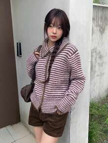 Vintage Low Saturation Autumn/Winter Versatile Casual Collared Striped Knit Cardigan Sweater Jacket For Women - Pink - View 6