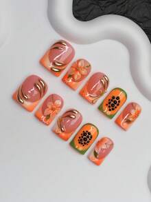 Uñas postizas cuadradas hechas a mano estilo Y2K Hot Girl, nude, naranja, verde con puntas francesas, diseño floral, papaya, elemento de metal líquido asimétrico, uñas postizas puramente hechas a mano, adecuadas para mujeres y niñas, puntas de uñas brillantes, 10 piezas/3 tamaños, adecuadas para fiestas, baile, uso diario, incluye kit de herramientas, se puede regalar a mujeres y niñas. - Multicolor - Ver 3