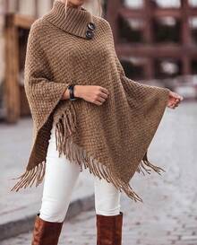 SEREN Vintage High Neck Button Tassel Knit Cape, Loose Asymmetrical Shawl Cover Up, Autumn/Winter Fashion - Khaki - View 3