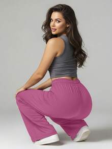 Comfortable Women's Wide-Leg Sweatpants, Soft, Structured Fit, Casual, Basic, Plain, With A Faux Drawstring. - Pink - View 7