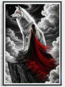 1pc Diamond Painting Kit, Atmospheric Black And White Fantasy Wolf And Long Dress Girl Diamond Art, Living Room Entryway Bedroom Decor Wall Art, Handmade DIY Rhinestone Art Painting, Adult Stress Relief Home Decor Wall Art, Suitable For Living Room, Bedroom, Office, Ideal Holiday Gift - round diamond - View 2