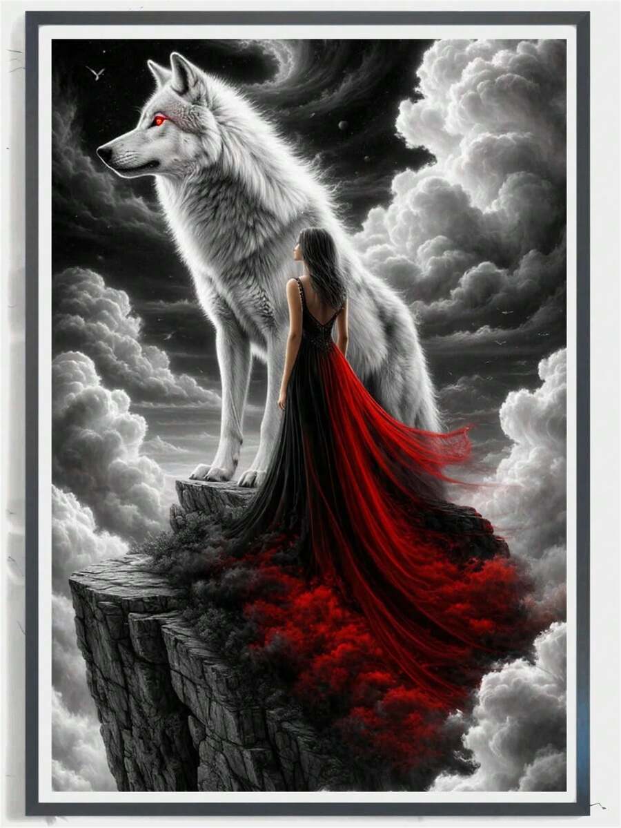 1pc Diamond Painting Kit, Atmospheric Black And White Fantasy Wolf And Long Dress Girl Diamond Art, Living Room Entryway Bedroom Decor Wall Art, Handmade DIY Rhinestone Art Painting, Adult Stress Relief Home Decor Wall Art, Suitable For Living Room, Bedroom, Office, Ideal Holiday Gift
