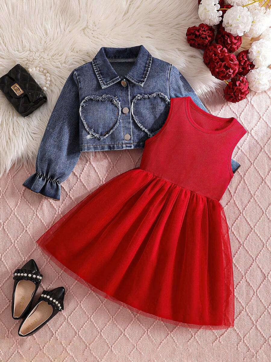 Girls 2-Piece Set: Frayed Heart Patchwork Denim Jacket + Ribbed Knit Sleeveless Tulle Dress, Spring/Autumn Outdoor Outfit - Multicolor - View 1