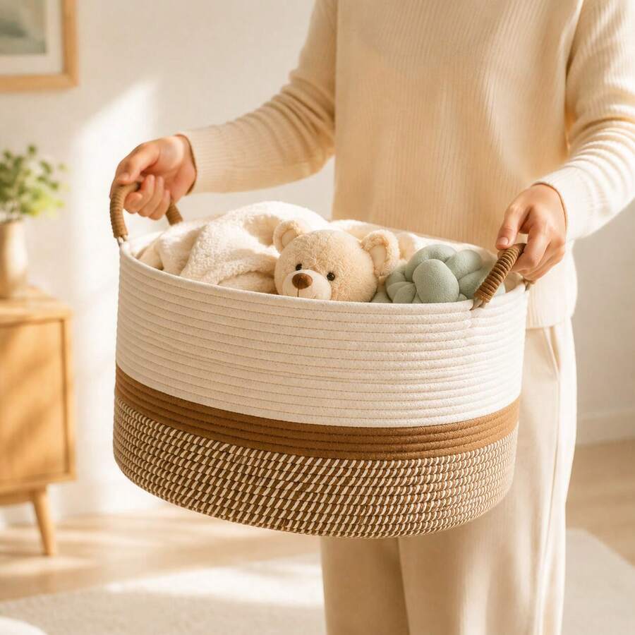 Clothing Storage Basket, Woven Storage Organizer Basket With Handle, Home Storage Bin, Suitable For Kitchen, Bathroom, Bedroom, Living Room, Dorm, Desk, School - Brown - View 1