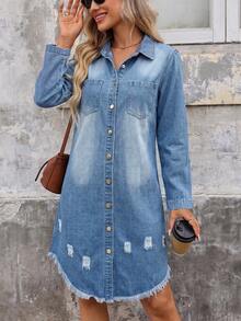 Women's Light Blue Long-Sleeve Distressed Denim Dress Casual - Light Wash - View 4