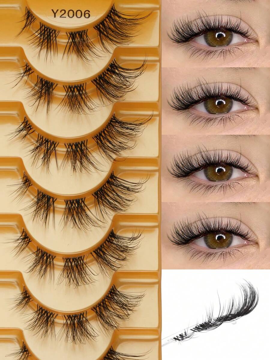 10 Pairs Transparent Stem Cross-Strip 3D Curly False Eyelashes, Eyelash Extension & Lengthening Pack For Women, Creating Charming Cat Eye Makeup Effect - 眼尾拉長款 - 查看 1