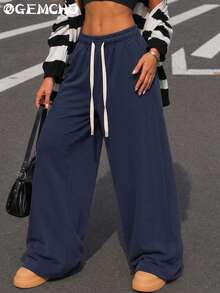 GEMCHO Women's Deep Blue Wide Leg Drawstring Sweatpants, Contrast Drawstring Design, Elastic Waist, Loose Fit, Suitable For Daily Wear, Outdoor Activities And Casual Street Style - Navy Blue - View 3