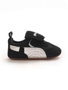 Black & White Colorblock Mesh Infant Sneakers With English Embroidery, Hook & Loop Closure, Breathable Soft Sole Pre-Walker Shoes For Boys & Girls - Black - View 6