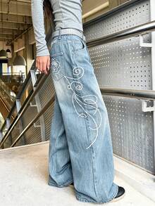 1pc American Street Style Women's Embroidered Loose Wide Leg Jeans Long Pants, All Season Fashion Casual - Light Wash - View 5