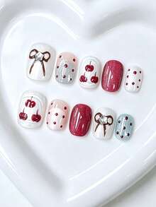 Toloky 10 piezas de uñas postizas de alta calidad hechas a mano, uñas cortas con lunares, lazos, efecto ojo de gato y color nude, estilo Y2K, uñas de verano para uso diario, graduación, viajes, vacaciones, regalos, adecuadas para fiestas, festivales de música y vuelta al colegio - Multicolor - Ver 3