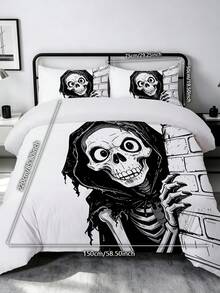 Blissful 3pcs Halloween Duvet Cover Set, Halloween Theme Comfortable Bedding Set, High-Definition Digital Print, Playful Skeleton Pattern, 1pc Duvet Cover With Four Corner Ties And Easy-To-Remove Zipper + 2 Pillowcases With Pockets, No Filling In Pillowcases And Duvet Cover, Suitable For Bedroom, Dorm (Boys And Girls Dorm Bedding) Or Travel - Black and White - View 16