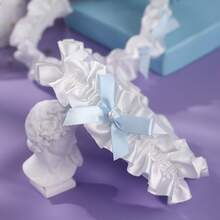 2pcs Smooth Ruffle Bride Leg Garters With Elastic Design And Small Bowknot Decoration, Suitable For Wedding Registration And Photography Outfit Accessory - Blue and White - View 4