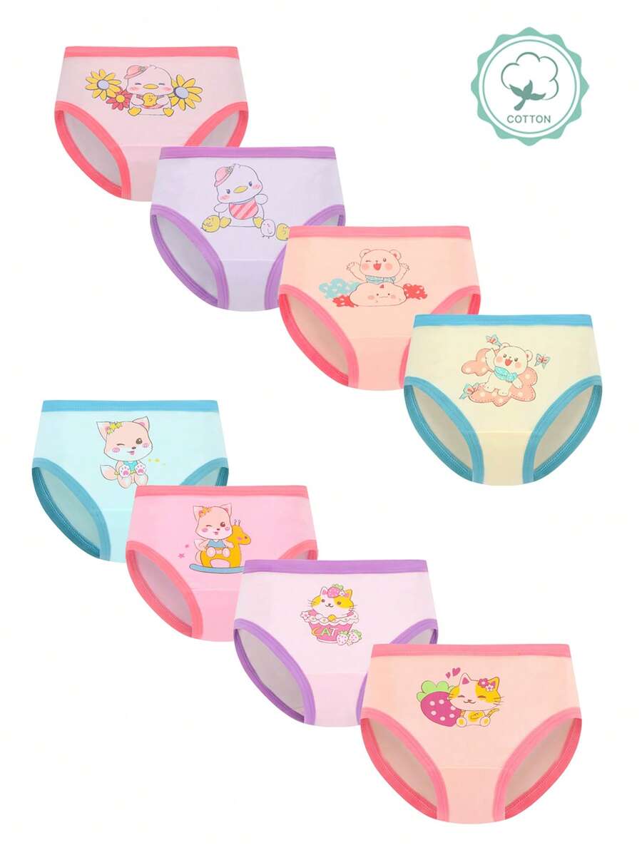 Niña joven, 8 piezas de ropa interior triangular informal, cómoda y suave con diseño de patrón de dibujos animados lindos - Multicolor - Ver 1