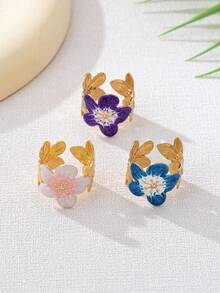 3pcs/Set Fashion High-End Flower-Shaped Oil-Drip Unique Design Five-Petal Open Ring - Multicolor - View 4