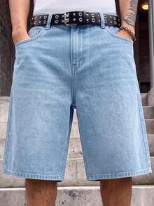 Quần short denim nam dáng rộng, màu xanh nhạt giặt wash, độ dài vừa, phong cách đường phố thường ngày - Rửa nhẹ - Xem 5