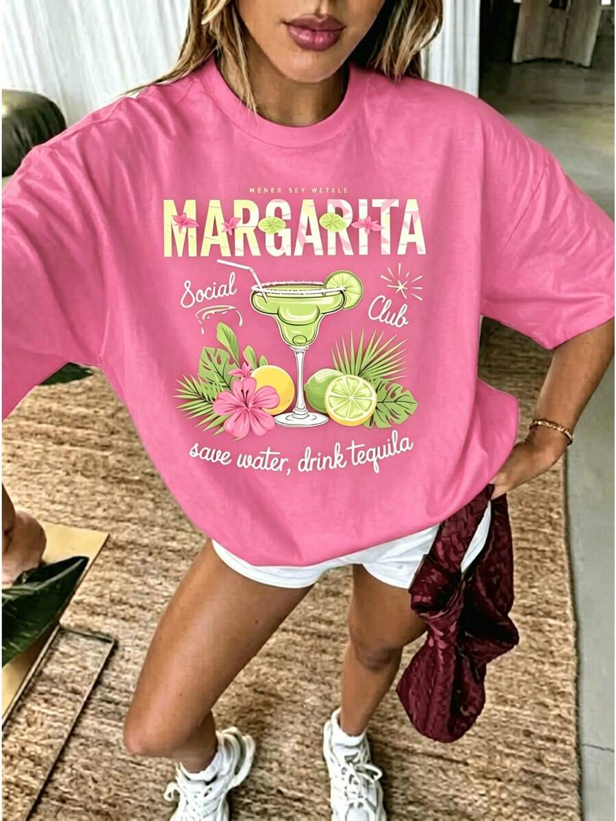 Women's Oversized Graphic Print T-Shirt, Summer Top For Women, Margarita Social Club, Tropical Cocktail Print, Casual, Loose, Round Neck, Hands - Pink - View 1