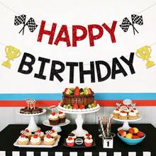 Black Red First Lap Around The Track Banner - Vintage Race Car Birthday Banner - Trophy Checkered Flag Sign, Bruh Birrthday Decor, Retro Pastel Race Car Let's Go Racing Birthday Party Decorations - Red and Black - View 3