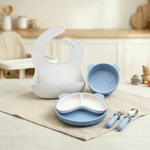 Silicone Baby Feeding Set 5pc, Anti-Choke Spoon & Fork, Waterproof Bib, Easy-Clean, 6M+, New Mom Gift - Blue - View 10