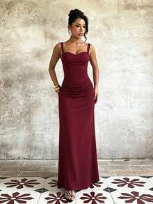 1pc Solid Color Elegant Sexy Casual Knit Fabric Lace Patchwork Dress For Party, Formal Evening, Wedding, Summer - Burgundy - View 5