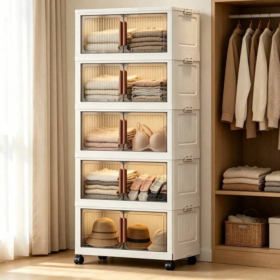 Armário Organizador Multiuso Dobrável 5 Andares Largura 48cm Cor Branco Creme, Portas Semitransparentes Fumê, Travas Laterais Empilháveis, Rodinhas Giratórias 360° com Sistema de Trava, Armazenamento à Prova de Poeira, Ideal para Roupas, Cosméticos, Brinquedos, Utensílios Domésticos, Livros,Quarto,  Cozinha e Sala