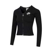 Nike Sportswear Logo Embroidered Fishbone Double Zipper Slim Fit V-Neck Long Sleeve Jacket For Women - Black - View 6