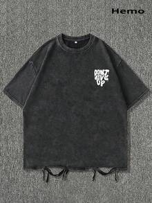 Hemo, Letter Print Men's Fashion Versatile Top, Streetwear Vintage Distressed Crew Neck Short Sleeve Washed T-Shirt - Black - View 3