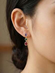 Summer Dangle Earrings For Women,Vintage Drop Earrings 14K Gold Plated Colorful Green Red Rhinestone Dangle Unique Earring Beach Jewelry - Gold - View 2