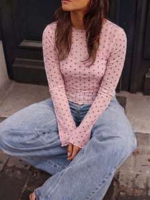 Pink Polka Dot Sheer Mesh Long Sleeve Top, Ruffle Round Neck Fitted Blouse, French Style Layering Blouse, Casual Summer Date Night Top - Baby Pink - View 8