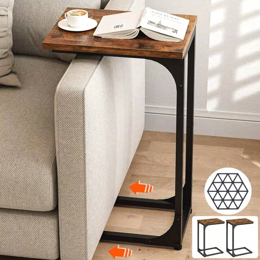 Set Of 2 C-Shaped Side Table, Bedside Table, Sofa Side Table, Coffee Table, With Metal Frame, Industrial, For Living Room, Bedroom, Rustic Brown And Black - 2Pcs - View 1