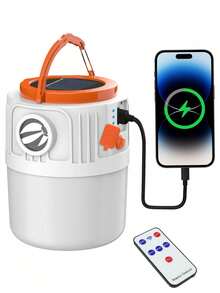 1pc Solar LED Camping Light, Solar Powered Portable Remote Control Rechargeable Camping Light With Phone Charging Function, Outdoor Lighting, Multi-Function Emergency Light - Phone Charger Handheld LED Tent Light - Warm White - View 2