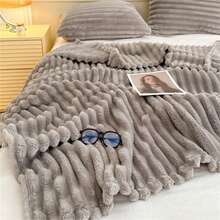 1pc Oversized Striped Blanket, Wide Stripe Cutout Faux Rabbit Fur, Milk Plush, Flannel Throw Blanket, Casual Nap Blanket, Office Siesta Small Throw - Light Grey - View 7