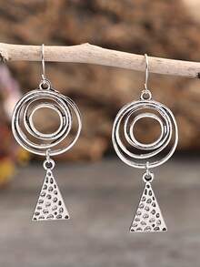 Vintage Multi-Layer Spiral Hoop Earrings, Bohemian Hammered Triangle Alloy Earrings - Silver - View 7