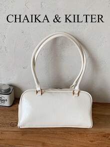 CHAIKA & KILTER 1件裝純色亮面PU布料女款時尚單肩包 多口袋大容量波士頓保齡球包 拉鍊開合 適合日常與外出使用 - 白色 - 查看 8