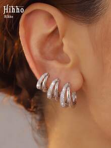 Hihho 3 Pairs European And American Copper Zirconia Double Hoop Earrings Set, Small, Medium And Large Sizes, Delicate And Versatile, Lightweight Luxury Style, Unisex Stackable Earring Set Suitable For Daily, Holiday, Travel, Work And Commute Wear - Earrings Set - View 6