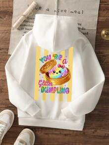 Girls Glitter Dumpling Cartoon Back Print Crew Neck Sweatshirt, Casual Loose Pullover - White - View 3