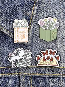 1pc Book Flower Butterfly Pattern Brooch, Clothing & Backpack Lapel Pin, Friendship Gift, Unisex Daily Accessory - Multicolor - View 4