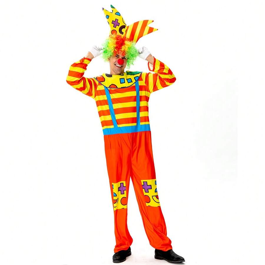 Halloween Adult Unisex Colorful Clown Cosplay Costume Create A Fun Atmosphere For Parties Jumpsuit Attached Hat No Wig Gloves Size S=4XL M=5XL - Multicolor - View 1