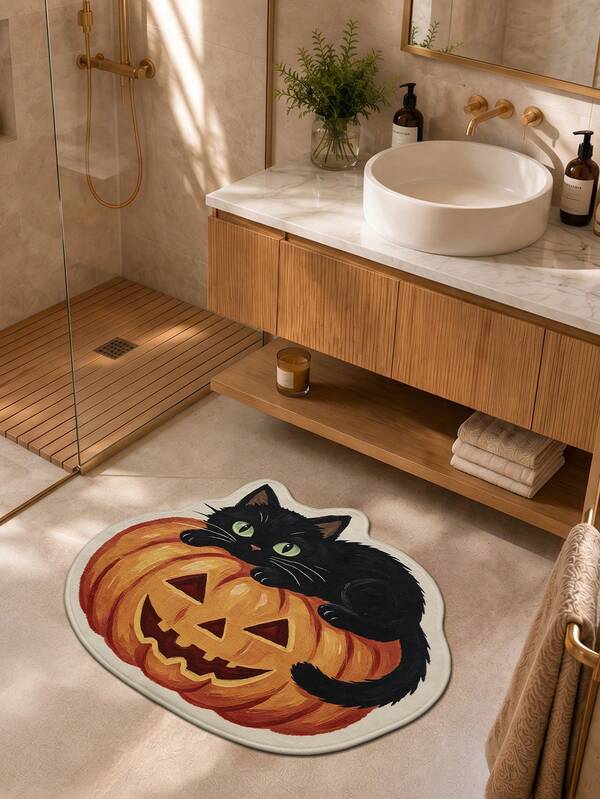 DAJIANG 1pc Halloween Cat Ghost Pumpkin Kitchen Mat, Spooky Boo Pattern Entryway Rug, TPR Backing Non-Slip Floor Mat, Suitable For Bathroom, Indoor, Hallway, Bedroom, Living Room, Bedside Carpet, Machine Washable Easy To Clean Entryway Decor Mat