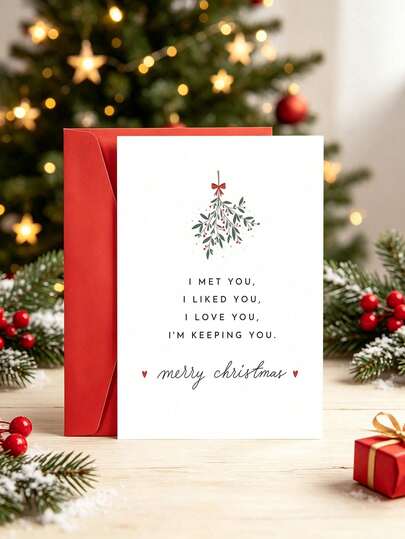 1 buah Kartu Natal Romantis "Aku Bertemu Denganmu, Aku Mencintaimu" dengan Amplop - Ucapan Cinta Manis di Bawah Pohon Mistletoe untuk Suami & Istri, Bagian Dalam Kosong