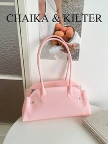 CHAIKA & KILTER 1pc Solid Color PVC Fabric Women's Fashion Shoulder Bowling Bag Jelly Bag With Dual Handle Design And Zipper Closure, Suitable For Daily And Street Use - Pink - View 2