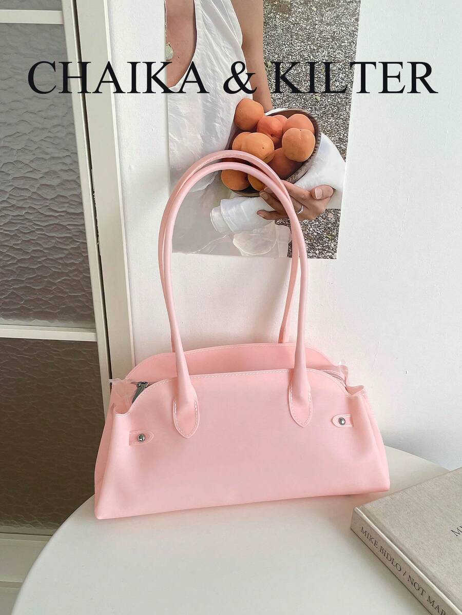 CHAIKA & KILTER 1pc Solid Color PVC Fabric Women's Fashion Shoulder Bowling Bag Jelly Bag With Dual Handle Design And Zipper Closure, Suitable For Daily And Street Use