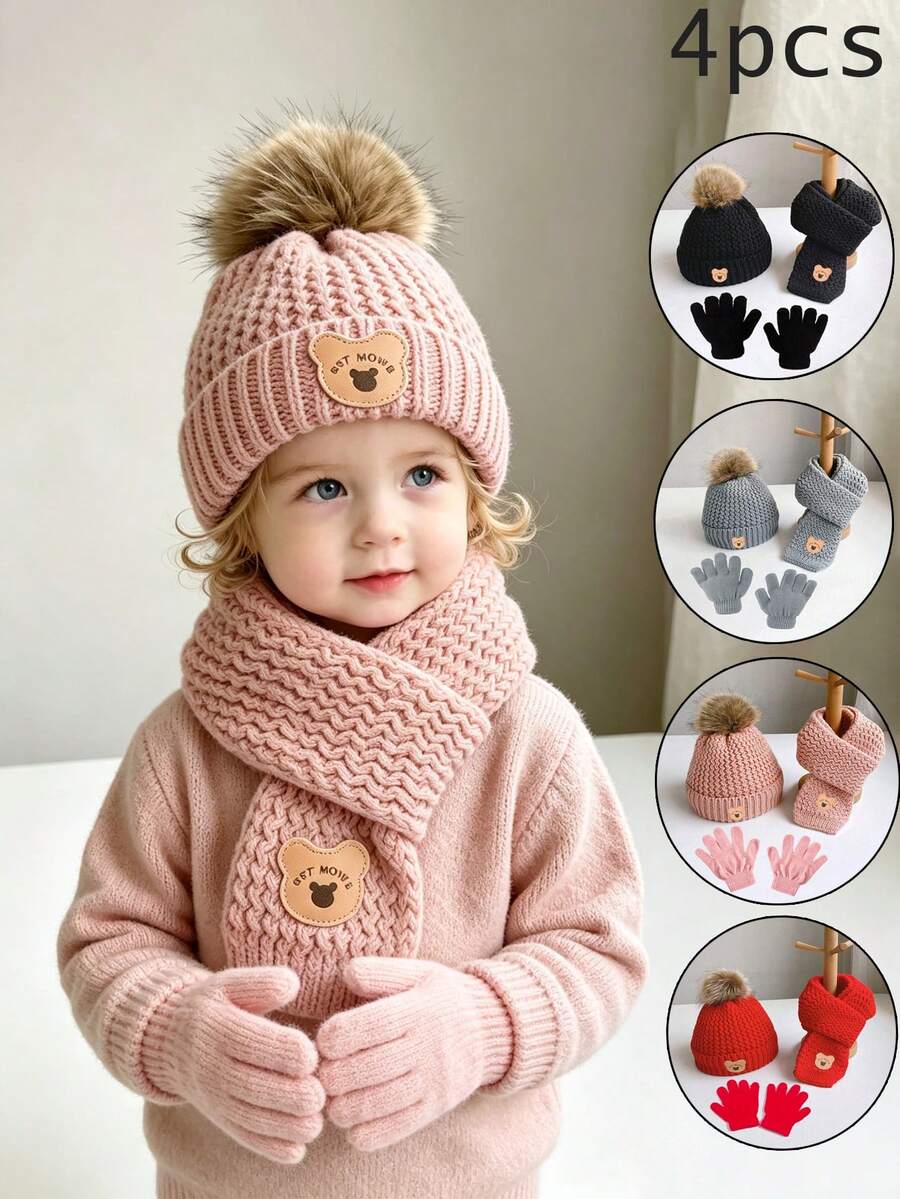 Autumn/Winter Children's Hat Set - Warm Plush Knitted Bear Design Hat, Suitable For 1-3 Years Old Boys And Girls - Multicolor - View 1