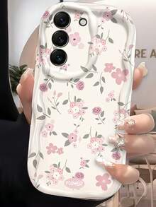 1pc Wavy Edge Light Pink Tiny Floral Print Phone Case, Soft TPU Shockproof Protective Cover, Cute Small Rose Pattern Compatible With Samsung, Series Phones - White - View 4