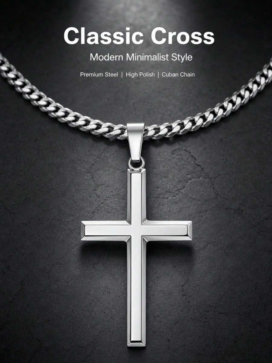 Men's Pendant Necklace 1pc Stainless Steel Cross Pendant Necklace, Gift For Men's Daily Commute Wear - Multicolor - View 1