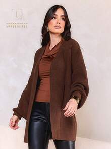 Women's Basic Knitting Mousse Puff Sleeve Cardigan - Camel - View 2