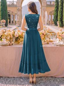 MIUSOL Deep V-Neck Lace Sequin Ruffle Hem High-Low Hem Chiffon Formal Party Maxi Dress, Suitable For Wedding Guest, Graduation Ceremony, Gala Spring - Dusty Blue - View 3