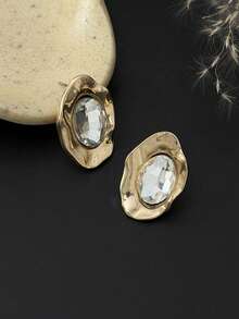1 par de pendientes de botón de cristal ovalado asimétrico de lujo vintage con diamantes, accesorio de joyería de moda exquisito, adecuado para el uso diario y de fiesta de las mujeres - Amarillo Oro - Ver 3