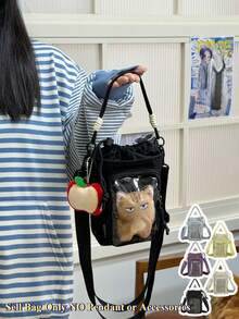 Tas Ita Mini Kawaii dengan Penutup Tali Serut, Bagian Depan Transparan, Tas Botol Air dengan Panel Sisipan, Pegangan yang Dapat Dilepas, Tas Selempang Kecil, Tas Tangan Lucu, Tas Jinjing - Hitam - View 5