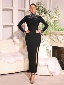 New Heavy Embellished Rhinestone Design Women's High Neck Long Sleeve Fitted Long Bandage Dress, Formal Wedding, Holiday And Party Gown - Black - View 2