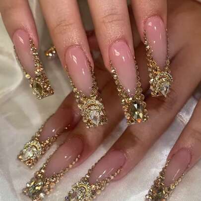 12pcs French Style Press-On Nails, Rectangular, Inlaid With Large 3D Gold Rhinestones, XXL/XXXL Size, Metal Accessory Design, Luxury Y2K Style, Smooth